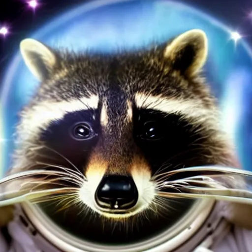 Prompt: A beautiful real photograph of a raccoon astronaut with the cosmos reflecting on the glass of his helmet dreaming of the stars