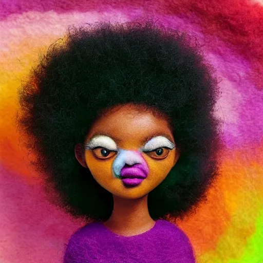 Prompt: a black girl with big cute! eyes and a colorful afro dancing in a filed of candy at sunset, bright colors, watercolor, volumetric wool felting, felt, macro photography, children illustration, global illumination, radiant light, detailed and intricate environment, by goro fujita, psychedelic surreal portrait, bokeh!!!!