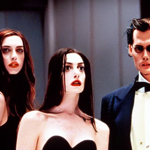 Prompt: Anne Hathaway, Johnny Depp, Amber Heard in American Psycho (1999)
