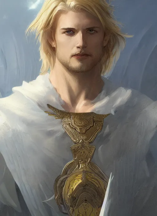 Prompt: portrait of a floating winged aasimar paladin blond short hair young man with amber eyes strong, sofisticated, fantasy, highly detailed, digital painting, artstation, concept art, character art, art by greg rutkowski and tyler jacobson and alphonse mucha