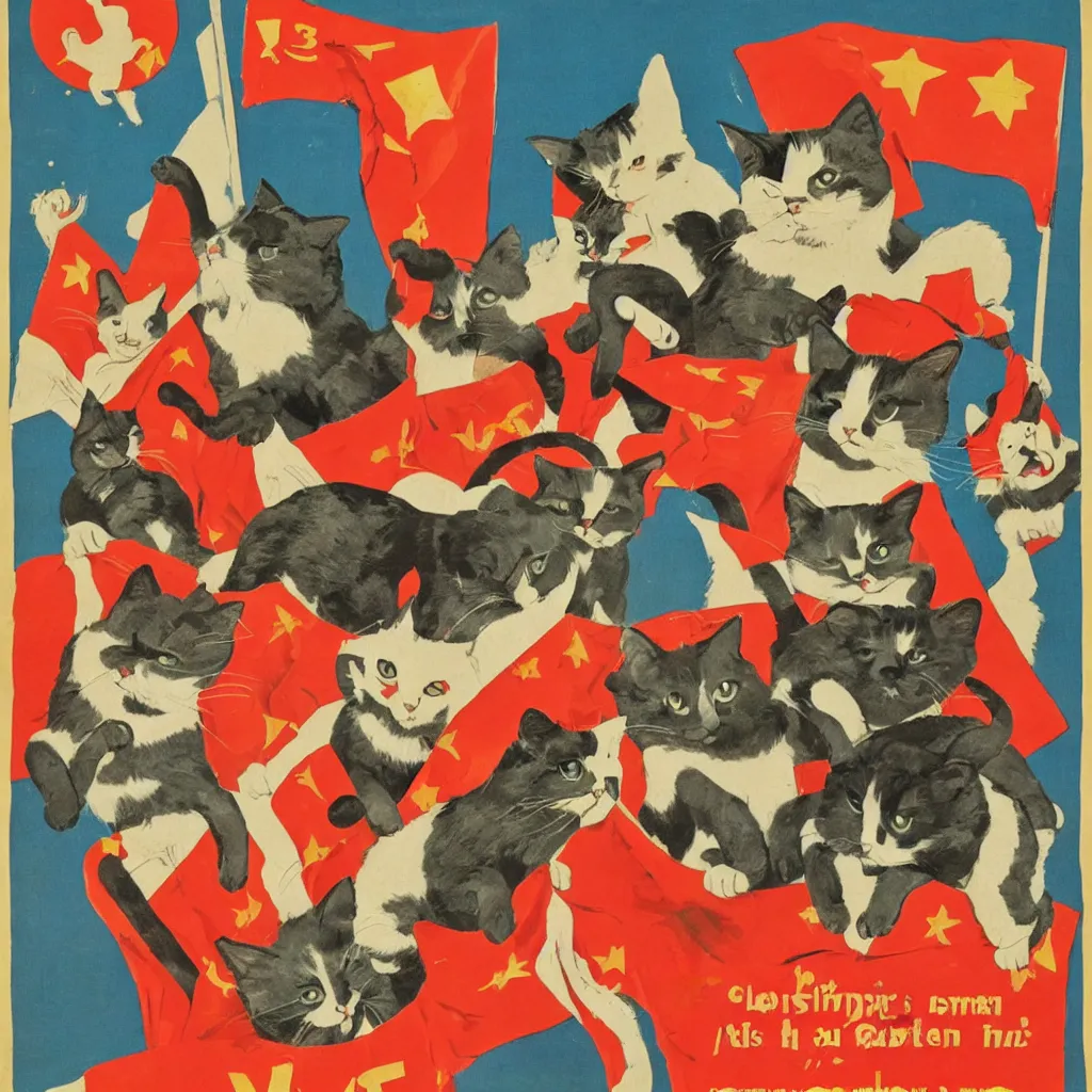 Image similar to communist propaganda poster with cats