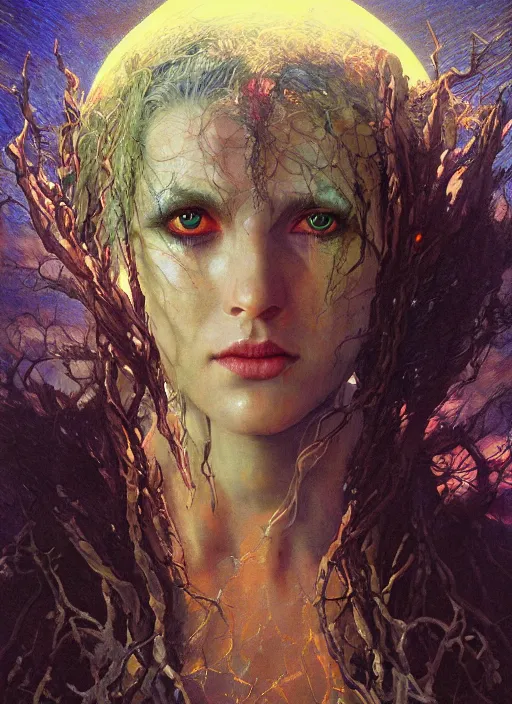 Image similar to biblical shy beautiful female druid android, heavy eyes, closeup, bright glowing veins, in clouds, sunset, portrait, by gerald brom, by mikhail vrubel, by peter elson, muted colors, extreme detail, reflections, trending on artstation, 8 k