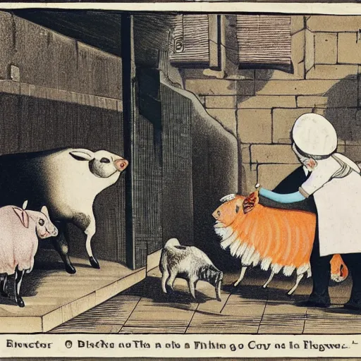 Image similar to butcher feeding a cat, while being watched by a pig, a sheep, a chicken and a cow