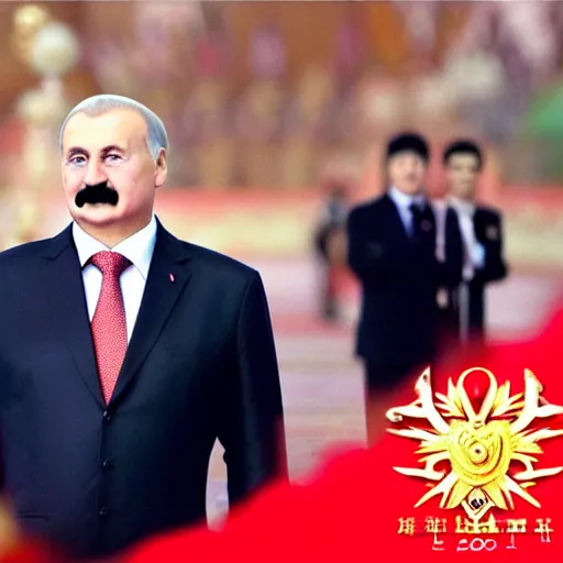 Image similar to president of belorussia, alexander lukashenko in anime with golden long wand in his hands in anime style, sailor moon, anime, perfect faces, fine details