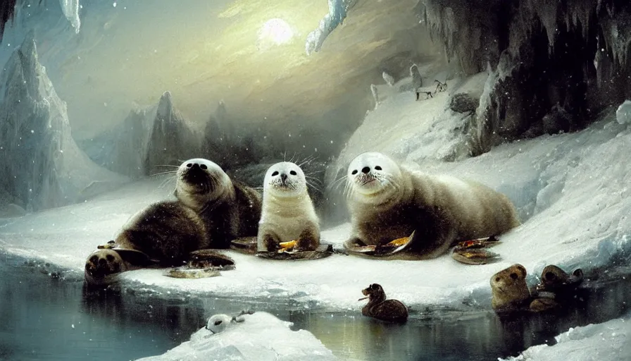 Image similar to highly detailed painting of cute furry white baby seals eating fish inside a snowy fantasy ice crystal cavern by william turner, by greg rutkowski, by william constable, thick brush strokes and visible paint layers, 4 k resolution