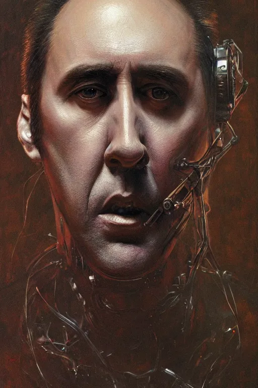 Prompt: Portrait of Nicolas Cage as mechanical cyborg, dark, intricate, smooth, artstation, painted by Wayne Barlowe, Greg Rutkowski, Zdislav Beksinski