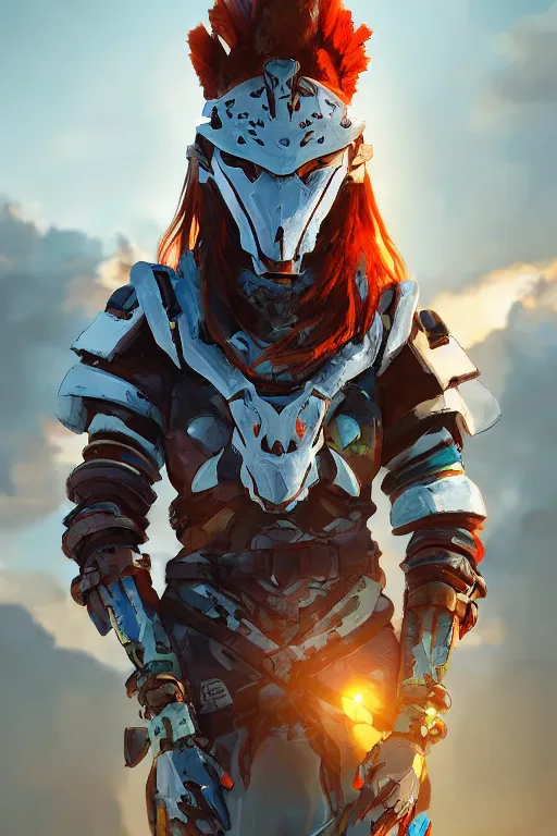 Image similar to combination suit armor aloy horizon forbidden west horizon zero dawn radiating a glowing aura global illumination ray tracing hdr fanart arstation by ian pesty and alena aenami artworks in 4 k tribal robot ninja mask helmet backpack