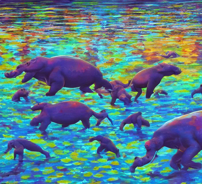 Prompt: a shallows with hippopotamuses. in a neo - figurative art style. using action painting.