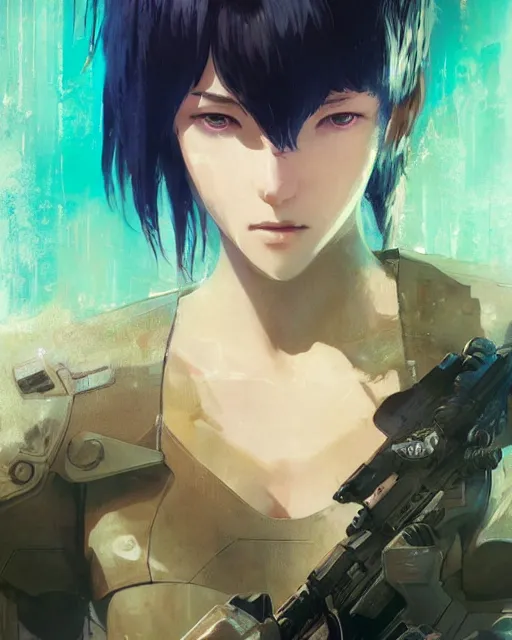 Image similar to still from ghost in the shell if made by krenz cushart and wenjun lin, portrait, illustration, rim light, top light, summer clear blue sky, perfectly shaded, soft painting, epic, intricate, art