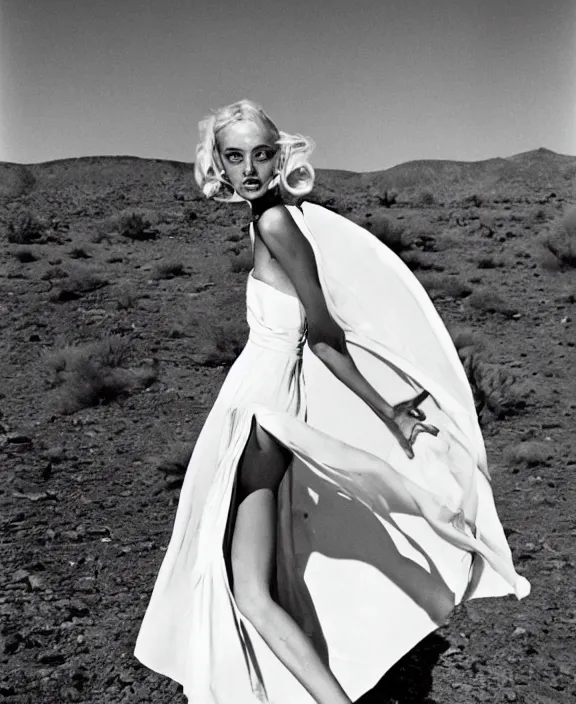 Image similar to blonde woman in the desert, white dress, by norman parkinson