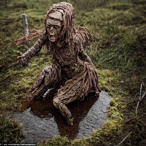 Image similar to a peat bog mummy climbing from the bog, snarling and angry, hyper realistic, photo, midday, rain