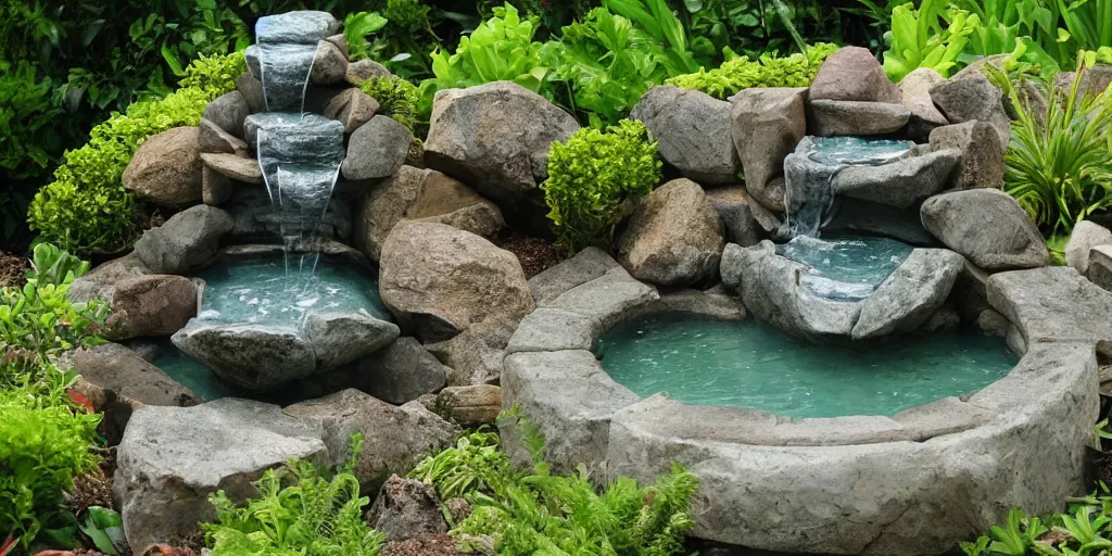 Image similar to award winning stone work waterfall fountain in a lush green backyard, photo