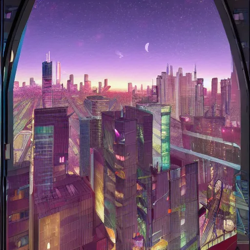 Prompt: looking outside from a penthouse suite at the top of the highest skyscraper in the middle of a cyberpunk city at night, very detailed, kandinsky and magritte, trending on artstation, cinematic