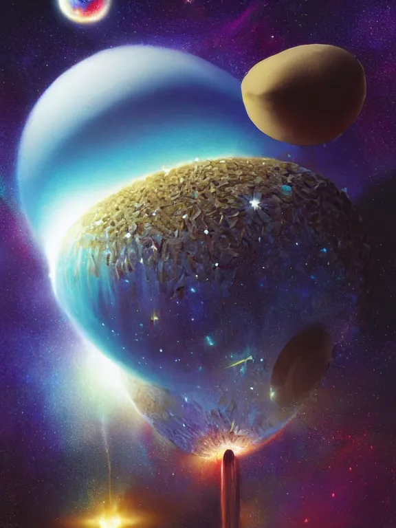 Image similar to round coconut as space rocket flying to beautiful vanilla orchids galaxy cosmic nebula, epic, volumetric light, hyperrealistic, glitter, mega detailed, beautiful composition, beautiful lighting, unreal render, 4 k, vincent di fate, john berkey, michael whelan