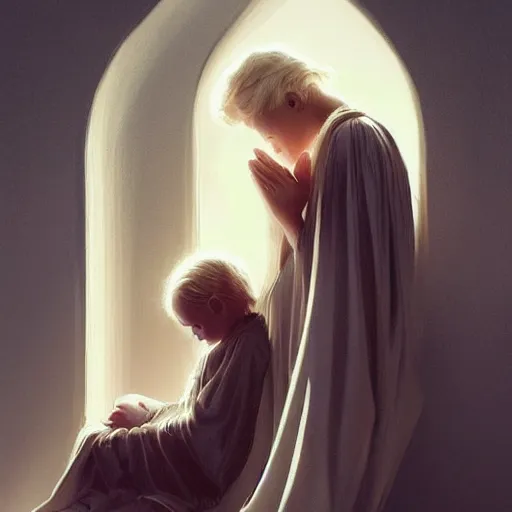 Prompt: Blonde and elegant archangel tall and asleep guarding a child while he prays , Art Deco, Greg rutkowski Trending artstation