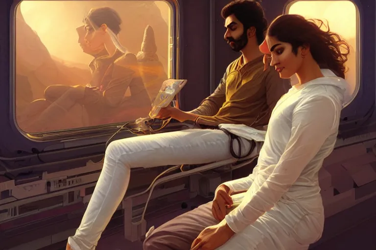 Image similar to Sensual good looking pale young Indian doctors wearing jeans in a space station above Earth, portrait, elegant, intricate, digital painting, artstation, concept art, smooth, sharp focus, illustration, art by artgerm and greg rutkowski and alphonse mucha