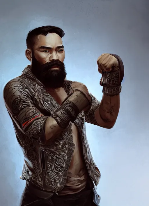 Image similar to a highly detailed illustration of bearded asian man wearing leather jacket with bandaged right hand, focused boxing philly shell stance pose, hands shielding face, intricate, elegant, highly detailed, centered, digital painting, artstation, concept art, smooth, sharp focus, league of legends concept art, WLOP