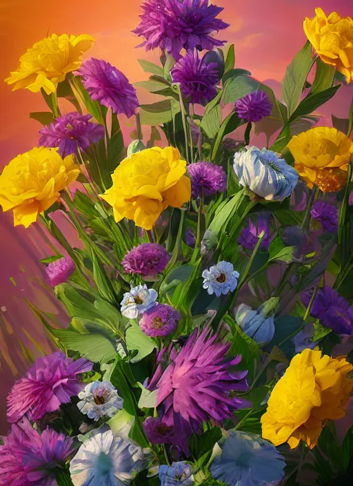 Image similar to An epic fantastic realism comic book style painting of the most beautiful flowers launched into space, bouquets, fisheye lens, unreal 5, DAZ, hyperrealistic, octane render, dynamic lighting