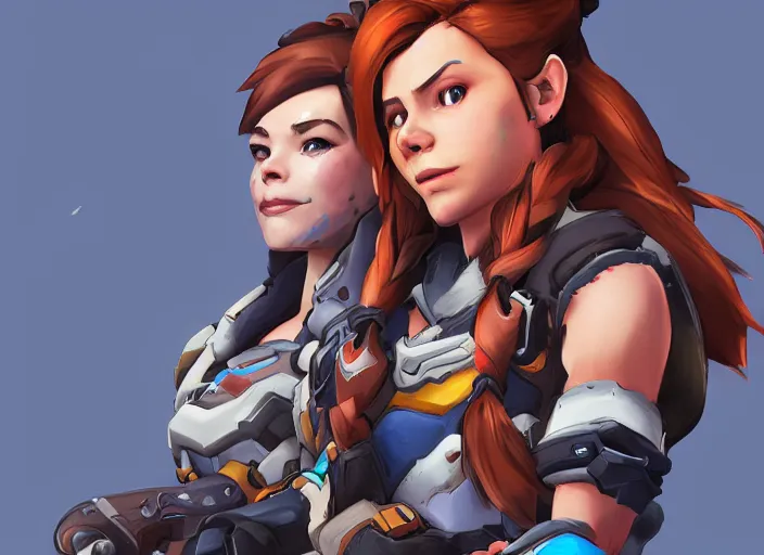 Image similar to overwatch, brigitte, horizon zero dawn, aloy, digital art