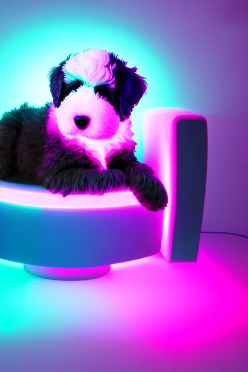 Prompt: a cute bernedoodle puppy sitting in a gaming chair + neon rgb light strips, large computer monitor, mountains in background!!!!!!!, vaporwave, dramatic, confident, rule of thirds, 4 k, award winning, octane render, volumetric lighting