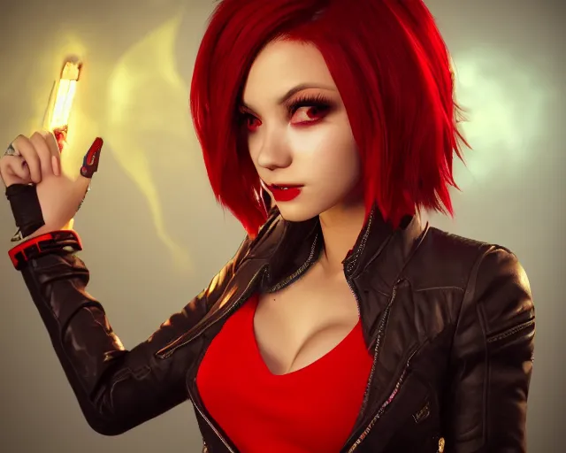 Image similar to a girl with short red hair, cool, vi from arcane, league of legends, fighter, cool red jacket, tattoo, beautiful, 3 d, potrait, art staion, studio light, closeup shot, octane render, wlop