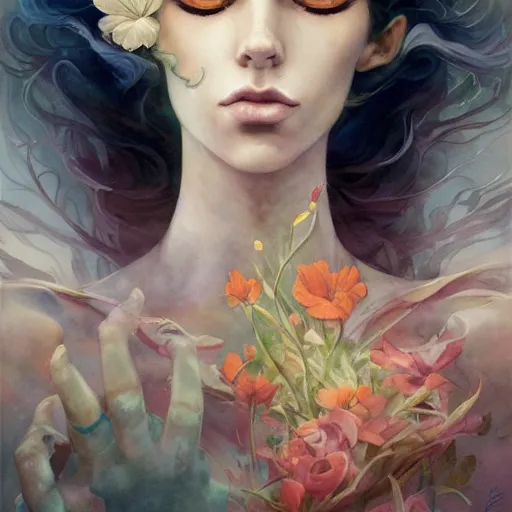 Prompt: full body portrait, long shot, of a beautiful goddess, sworming in flowers, magical, pale skin, blue eyes, long black hair, floating in a misty daze, by pete mohrbacher and greg rutkowski, watercolor painting,q deviantart, pinterest