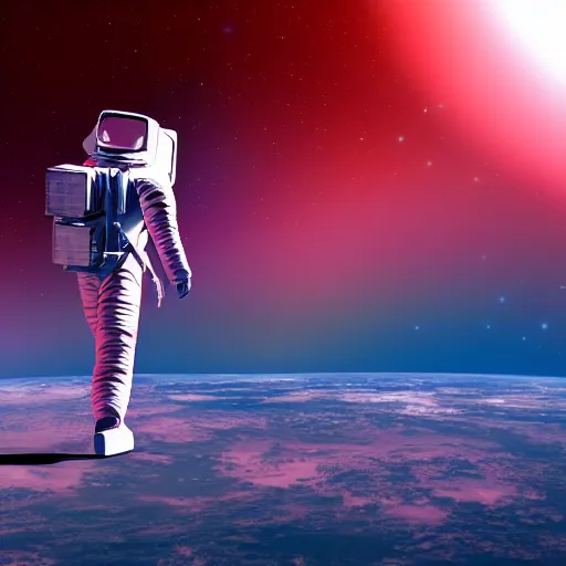 Image similar to A wide angle shot from below of a female astronaut with a feminine body walking with swagger towards camera on mars in an infinite universe , synthwave digital art