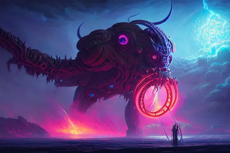 Prompt: rebulon the ancient demon, by lisa frank and greg rutkowski, masterpiece concept art, 8 k, intricate detail, cinematic lighting, epic pose, deep colors, majestic view