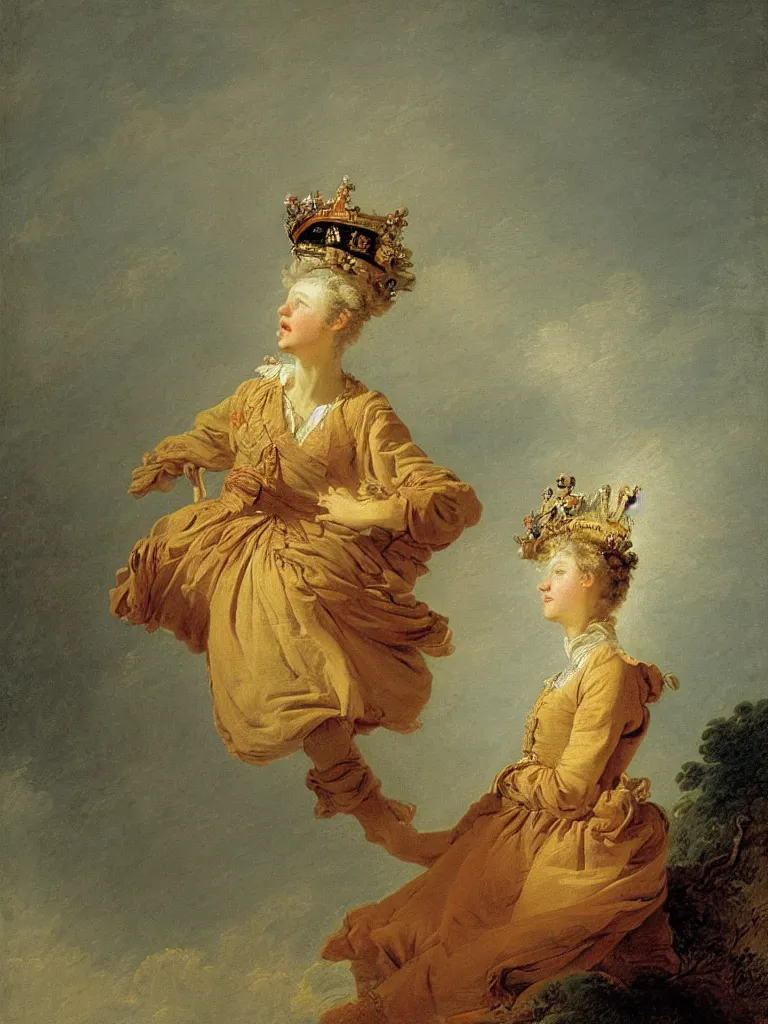 Image similar to portrait of a lonely female soldier floating in the air, wearing a crown, by jean honore fragonard