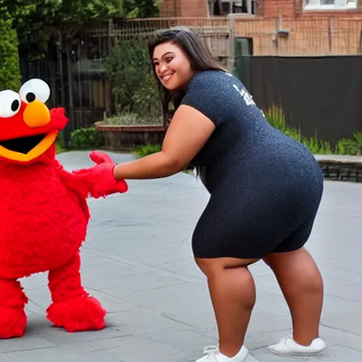 Prompt: a body of a thicc woman wearing a elmo costume