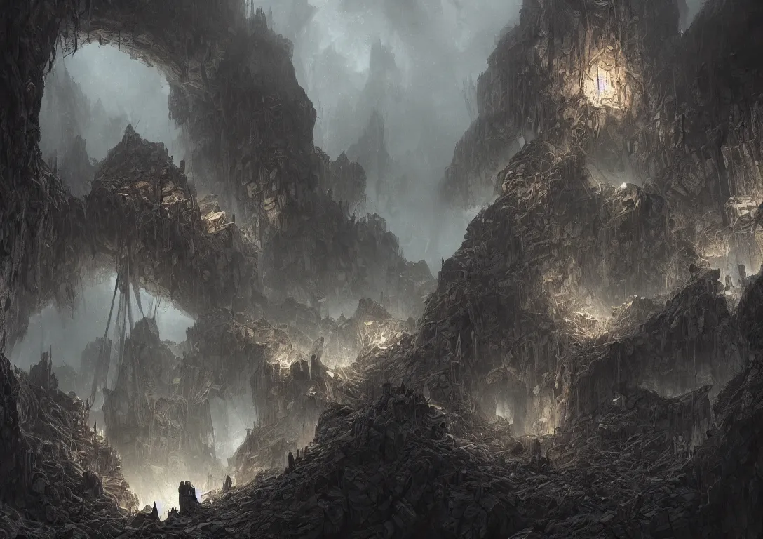 Image similar to deep cavernous mines of the dwarves, stretching down into the abyss, chains, ladders, dark, moody, illustration, artstation award, highly detailed, vast,