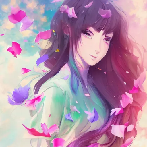 Image similar to spaciously scattered multi colored flower petals flowing through the air from left to right on a clean background, anime, artgerm, manga, trending on artstation, wlop, artgerm