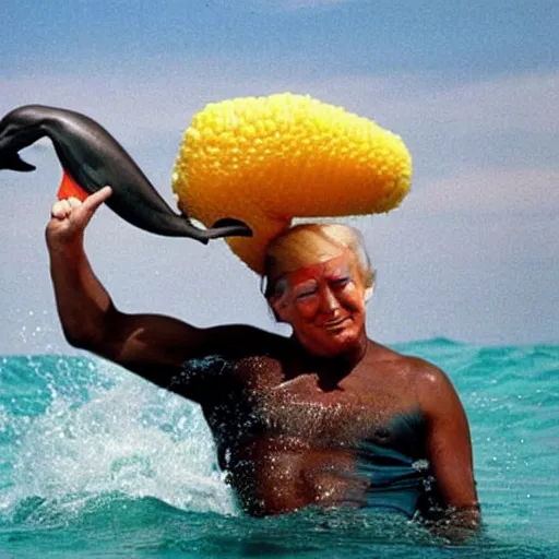 Prompt: donald trump riding a dolphin holding a corn dog, 1 9 9 0 s