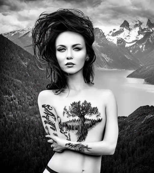 Image similar to tattoo design of beautiful woman portrait against a background of beautiful mountains and nature, in the style of den yakovlev, black and white, hyper realistic, highly detailed