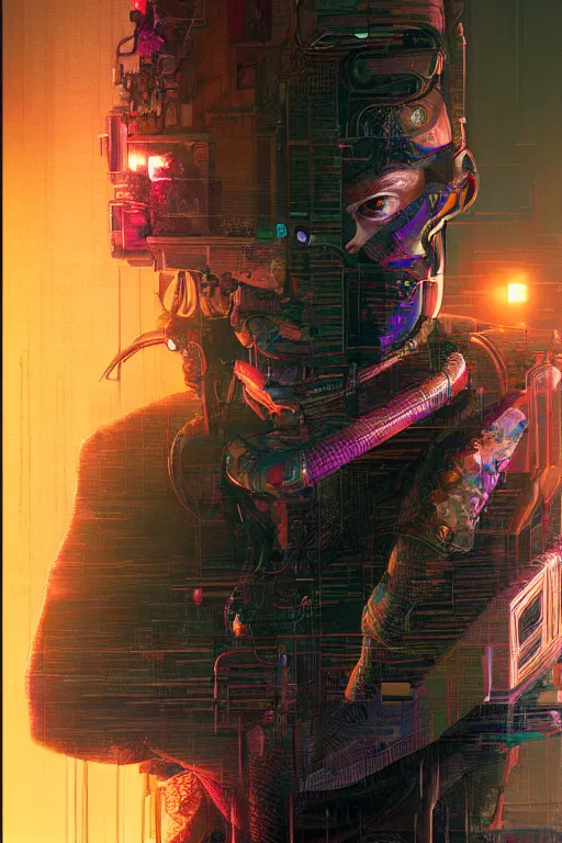 Image similar to A portrait of the Techgnosis author Erik Davis as a cyberpunk, iridescent highlights, background of digital greebles, highly detailed, intricate, soft, sci-fi, sharp focus, glowing lines, art by Ruan Jia and Moebius