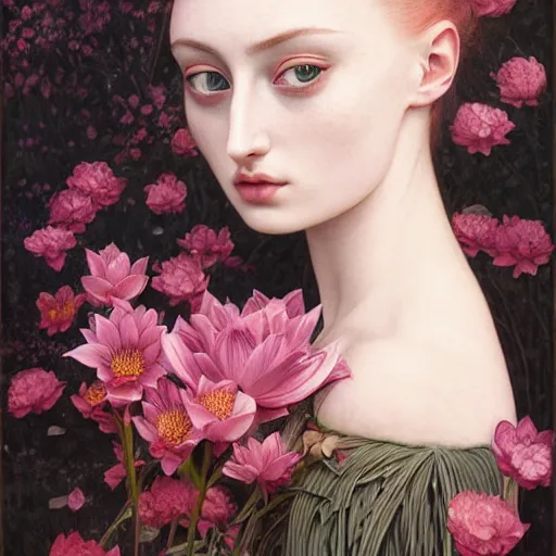 Prompt: sophie turner girl, botanical, black lotus, marble white complexion, portrait face, colorful, kupka, intricate, miles johnston, kuroda seiki, ozabu, godward, painterly, yoshitaka amano, moebius, miles johnston, louise zhang, james jean, mark ryden lowbrow pop surrealism art style