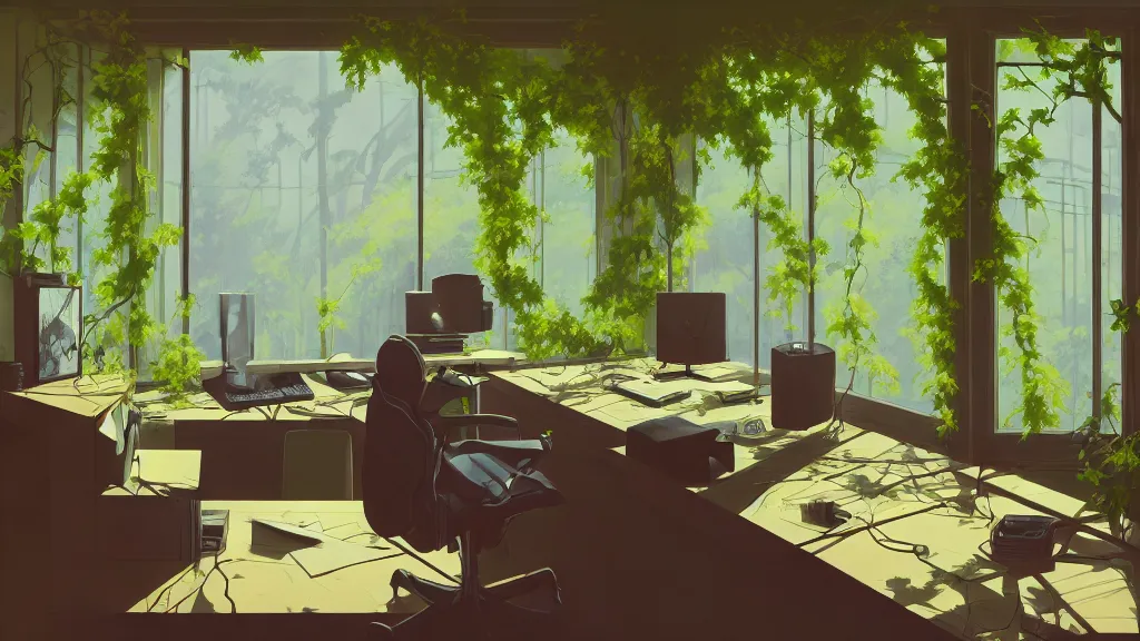 Prompt: interior of a home office, overgrown vines, dynamic shadows, dynamic lighting, dynamic colors, ilya kuvshinov, kyoani, hiroaki samura, yoshinari yoh, james jean, katsuhiro otomo, erik jones, cel shaded, anime poster