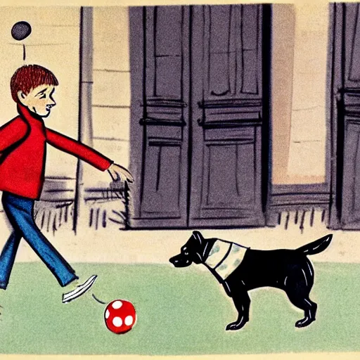 Image similar to book illustration of a french boy on the streets of paris playing football against a corgi, the dog is wearing a polka dot scarf, 1 9 6 6