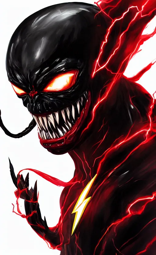 Image similar to portrait of venom as the flash, black and red, dynamic lighting, cinematic, ultra detailed, trending on art station, stunning visuals, creative, fantasy concept art