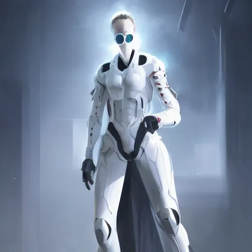 Image similar to full body portrait of a character in futuristic sleek clothes, white tailcoat, wearing a white insectoid mask with many lenses for eyes, dramatic lighting, illustration by Greg rutkowski, yoji shinkawa, 4k, digital art, concept art, trending on artstation