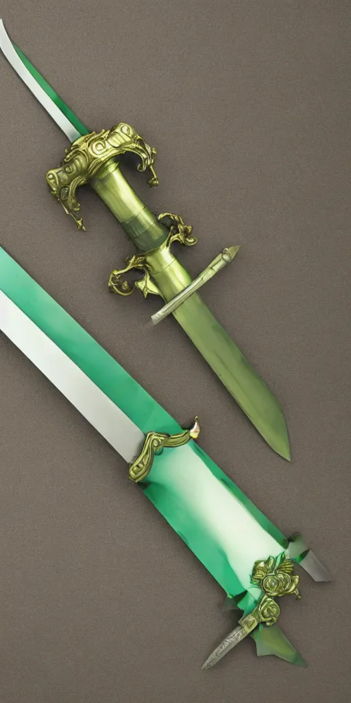 Image similar to photograph of a wide green and teal crystal sword blade attached to a big gold sword hilt