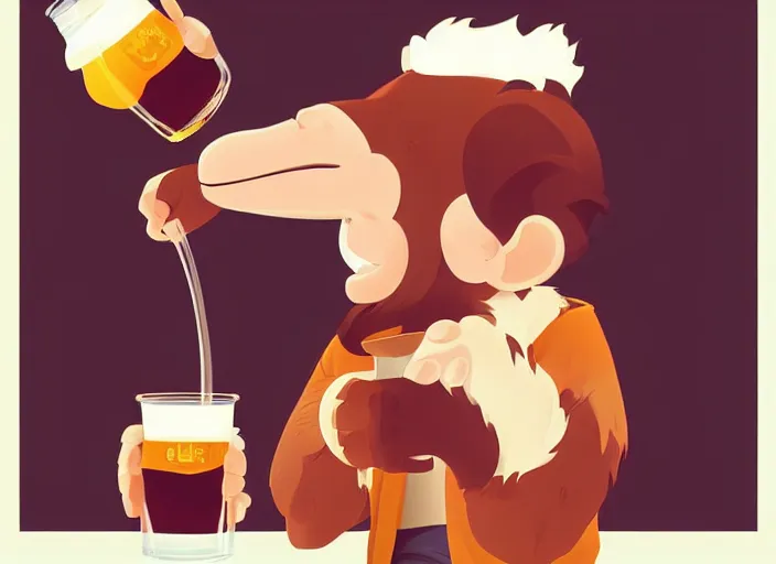 Image similar to cute monkey drinking beer. clean cel shaded vector art. behance hd by lois van baarle, artgerm, helen huang, by makoto shinkai and ilya kuvshinov, rossdraws, illustration, art by ilya kuvshinov