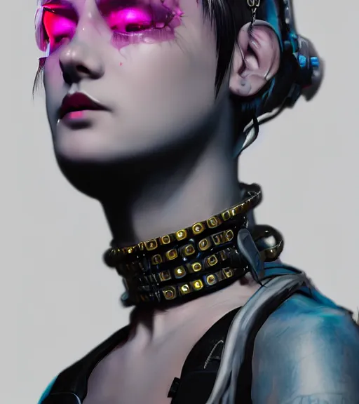 Image similar to detailed realistic female character cyberpunk wearing thick collar around neck, realistic, art, beautiful, 4K, collar, choker, collar around neck, punk, artstation, detailed, female, woman, choker, cyberpunk, neon, punk, collar, choker, collar around neck, thick collar, tight around neck, punk,