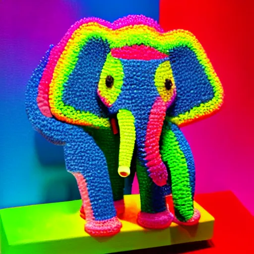 Image similar to Elephant made out of fruity pebble treats. Colorful skin, neon glow. Edible, 3d, three quarters view