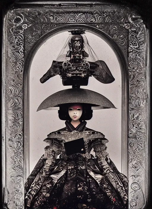 Image similar to old wetplate daguerreotype frame portrait of a futuristic silver armored geisha district 9 cyborg with computer mainframe screens, fractal, intricate, elegant, highly detailed, subsurface scattering, by jheronimus bosch and greg rutkowski and louis jacques mande daguerre