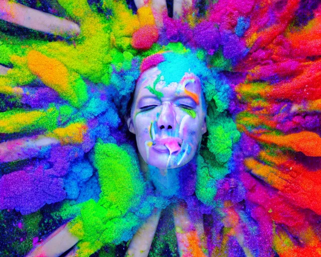 Prompt: still shot of a footage of a human head explodes and disintegrates into a huge mass of coloured powder, motion blur, hyperrealistic, medical, intricate art photography, anatomically correct, realistic crisp textures, 1 6 k