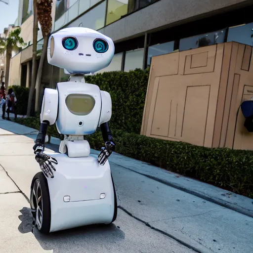 Prompt: LOS ANGELES, CA JUNE 7 2024: One of the most happy, kind, self-aware robots to emerge from the future-technology-portal.
