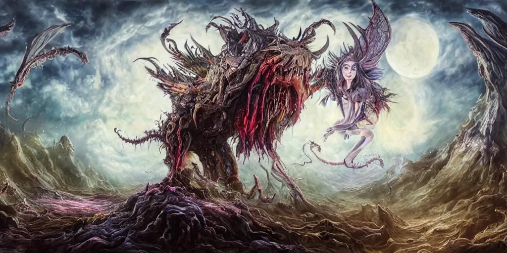 Prompt: concept art of giant mutant fairy attack, lovecraftian, lots of teeth, melting horror, fluffy feathers, round moon, rich clouds, fighting the horrors of the unknown with lasers, high resolution, very detailed, colorful, roaring, volumetric light, mist, grim, fine art, decaying, textured oil over canvas, epic fantasy art, very colorful, ornate