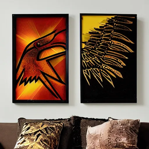 Image similar to eagle wing, glam rock, golden hour, sumerian wall art