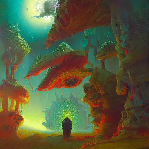 Prompt: a painting of an astronaut in a futuristic enchanted forest by paul lehr